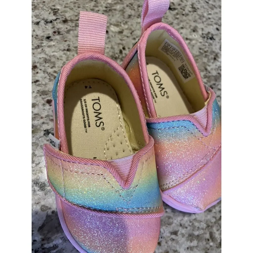 NEW TOMS Alpargata Candy Pink Gradient Glitter Slip On Shoes Size 4 Little Girls